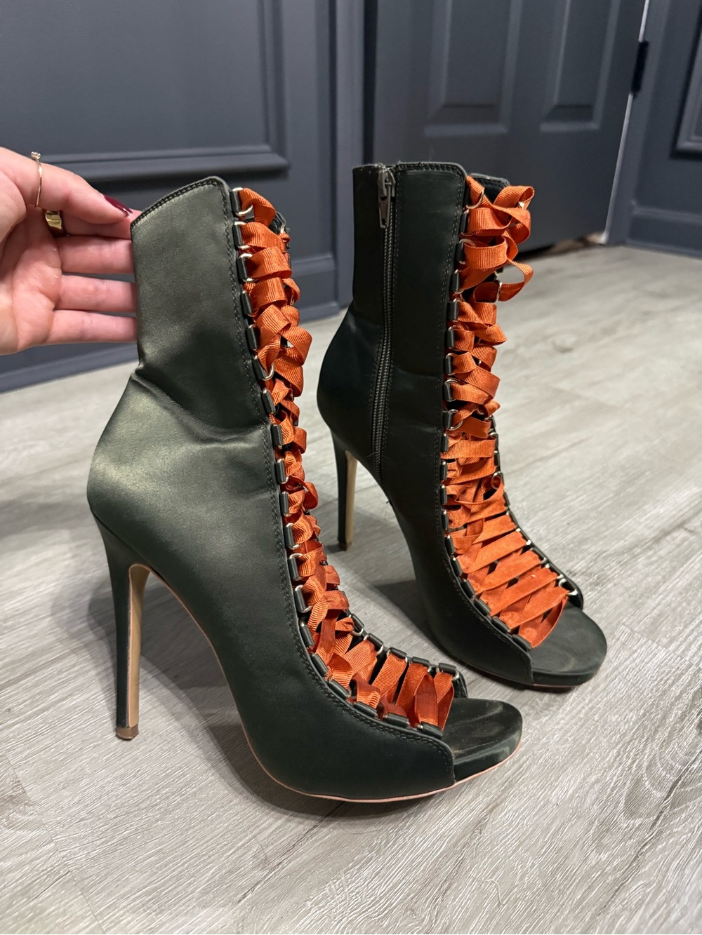 Steve Madden Olive Green Peep-Toe Stiletto Boots with Orange Ribbon Lacing